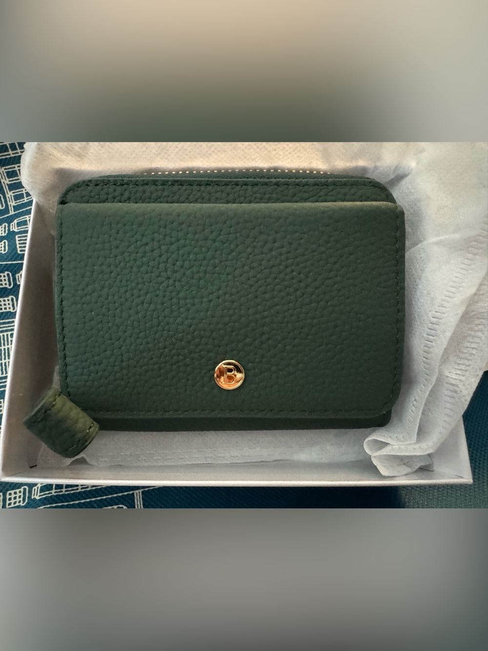 Compact Women's Green Pebbled Leather Wallet with Gold Button